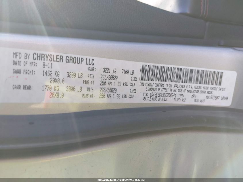 2011 Dodge Durango R/T VIN: 1D4SE6GT9BC708944 Lot: 43874400