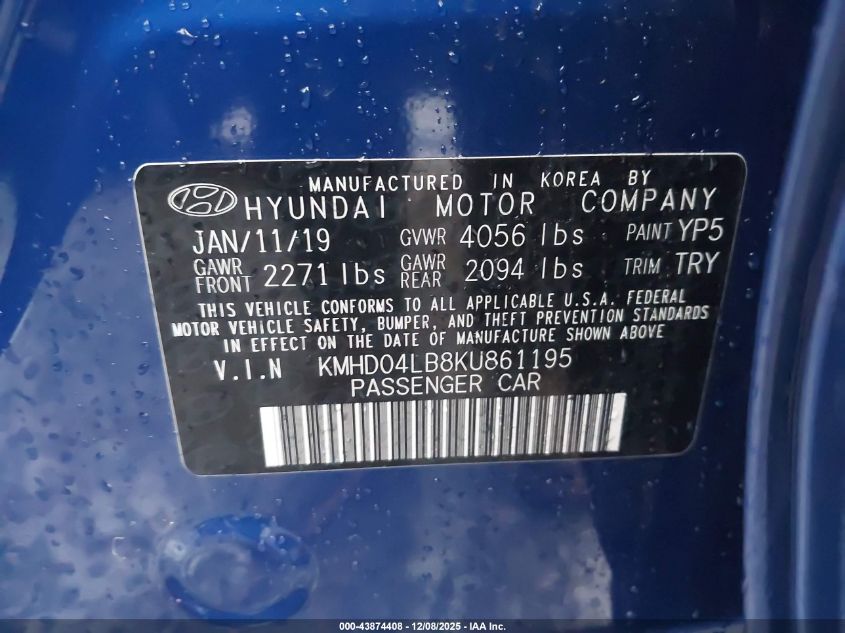 2019 Hyundai Elantra Sport VIN: KMHD04LB8KU861195 Lot: 43874408