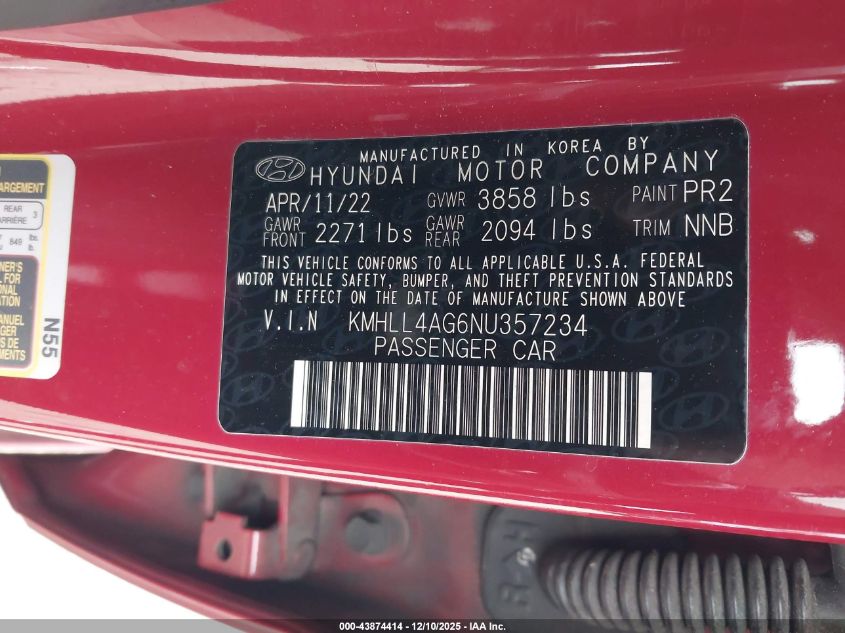 2022 Hyundai Elantra Se VIN: KMHLL4AG6NU357234 Lot: 43874414