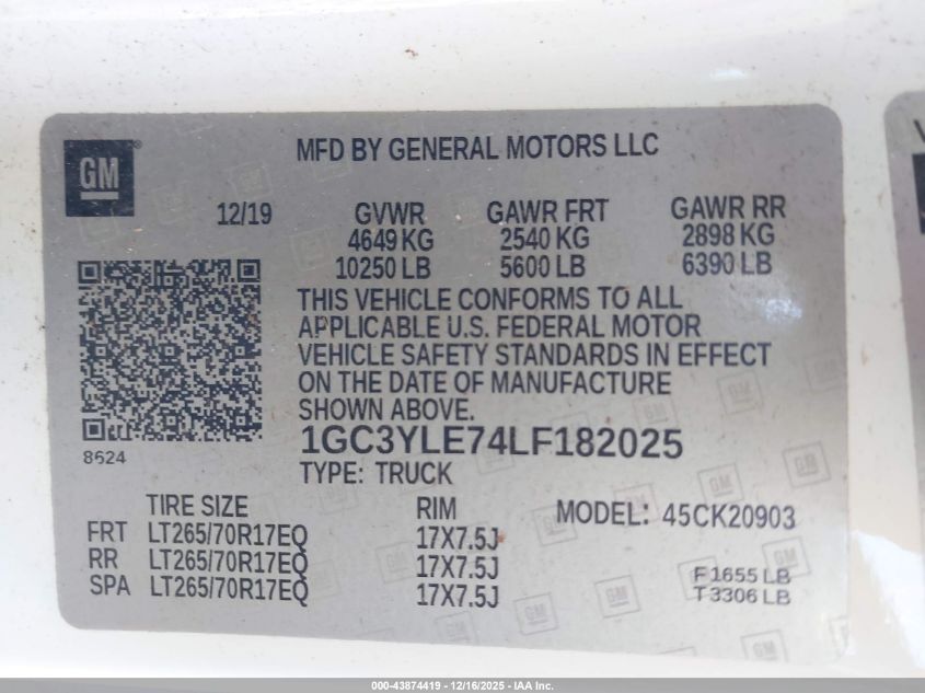 2020 Chevrolet Silverado 2500Hd 4Wd Long Bed Wt VIN: 1GC3YLE74LF182025 Lot: 43874419