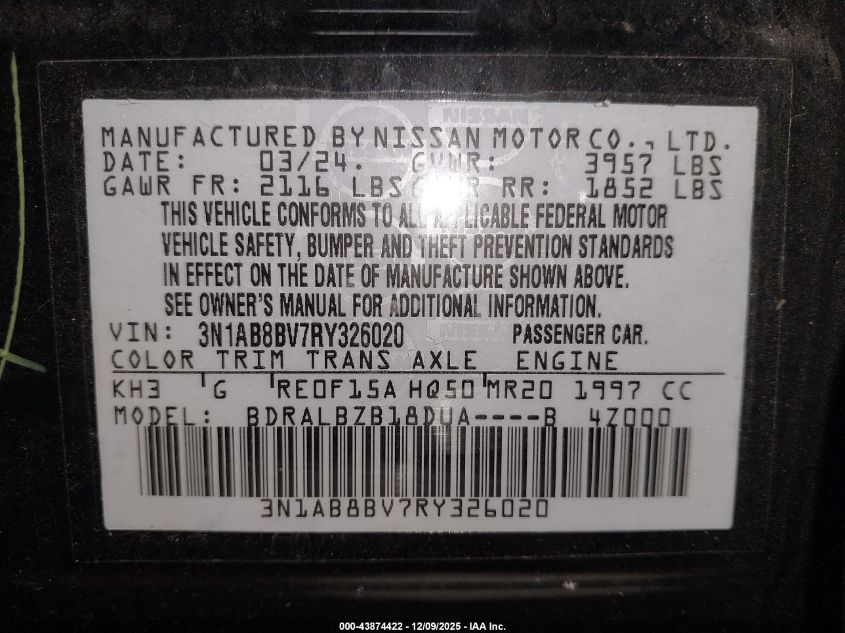 2024 Nissan Sentra S Xtronic Cvt VIN: 3N1AB8BV7RY326020 Lot: 43874422