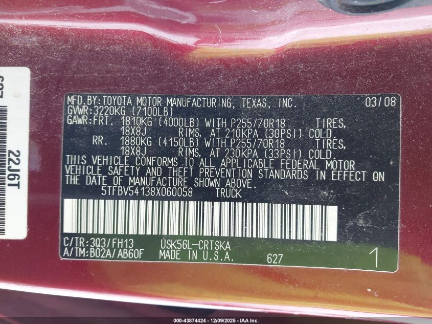 2008 Toyota Tundra Base 5.7L V8 VIN: 5TFBV54138X060058 Lot: 43874424
