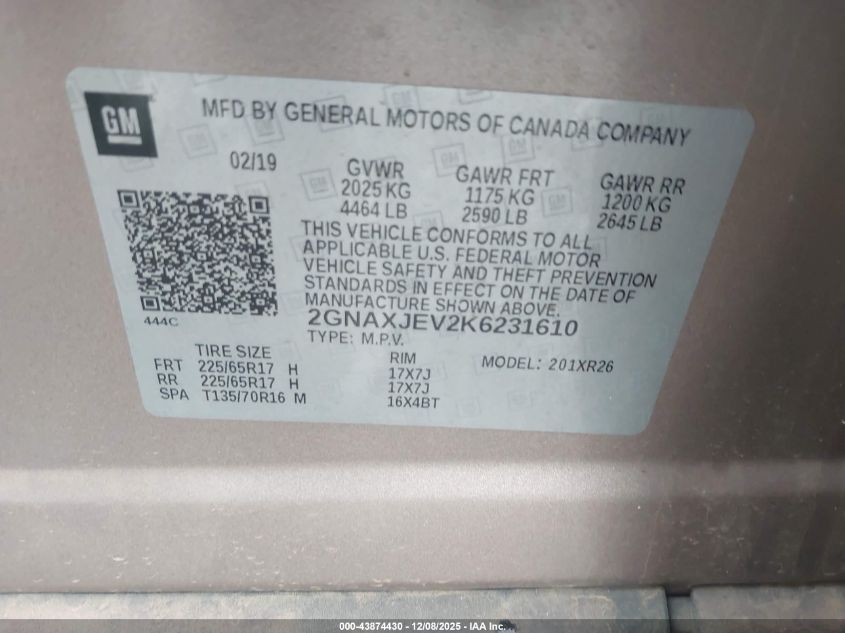 2019 Chevrolet Equinox Lt VIN: 2GNAXJEV2K6231610 Lot: 43874430