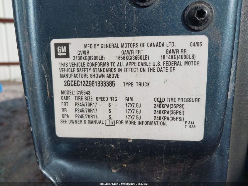 2006 Chevrolet Silverado 1500 Lt1 VIN: 2GCEC13Z961333386 Lot: 43874437