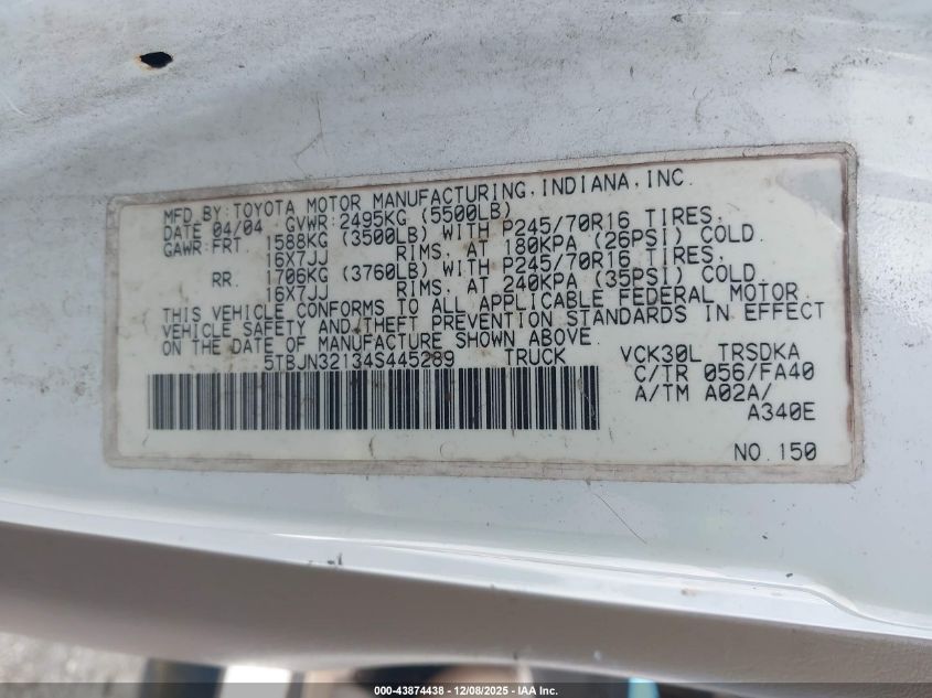 2004 Toyota Tundra VIN: 5TBJN32134S445289 Lot: 43874438