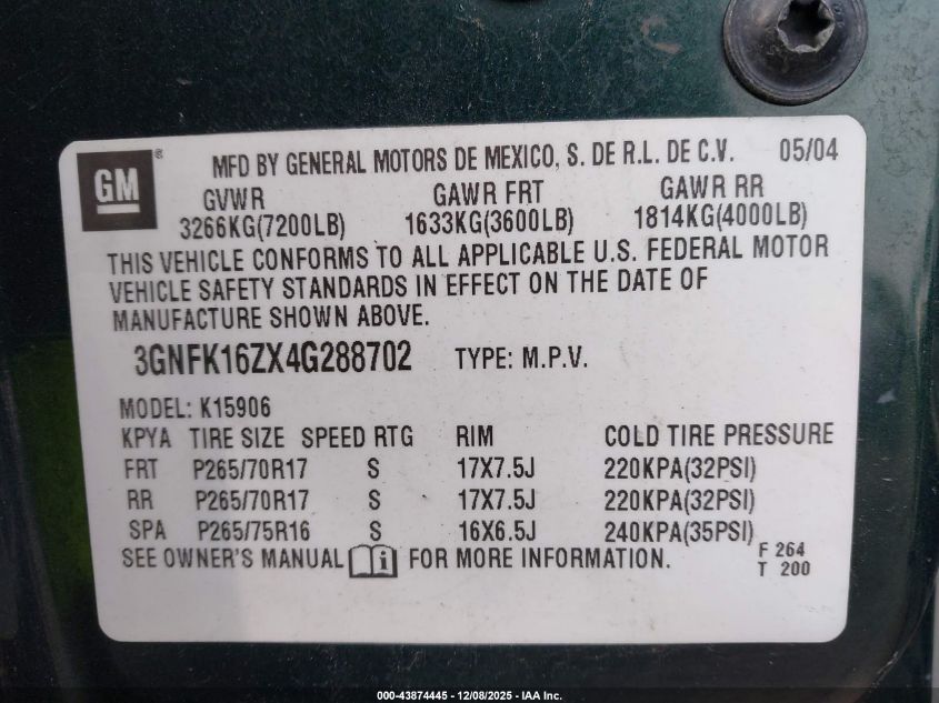 2004 Chevrolet Suburban 1500 Ls VIN: 3GNFK16ZX4G288702 Lot: 43874445