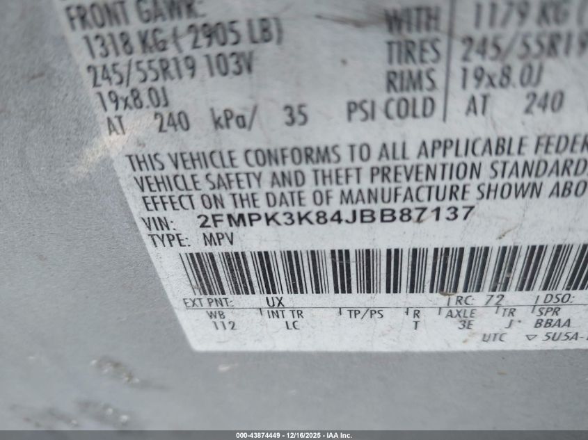 2018 Ford Edge Titanium VIN: 2FMPK3K84JBB87137 Lot: 43874449