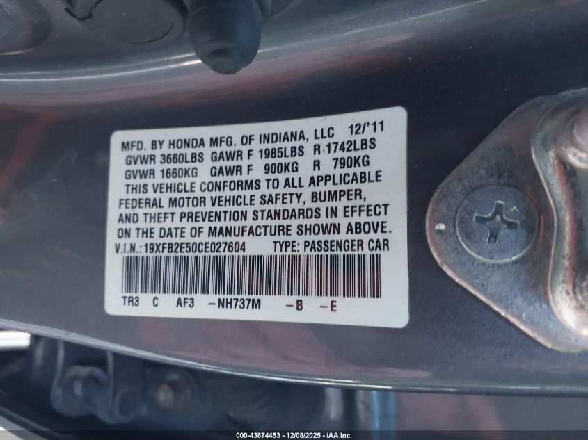 2012 Honda Civic Lx VIN: 19XFB2E50CE027604 Lot: 43874453