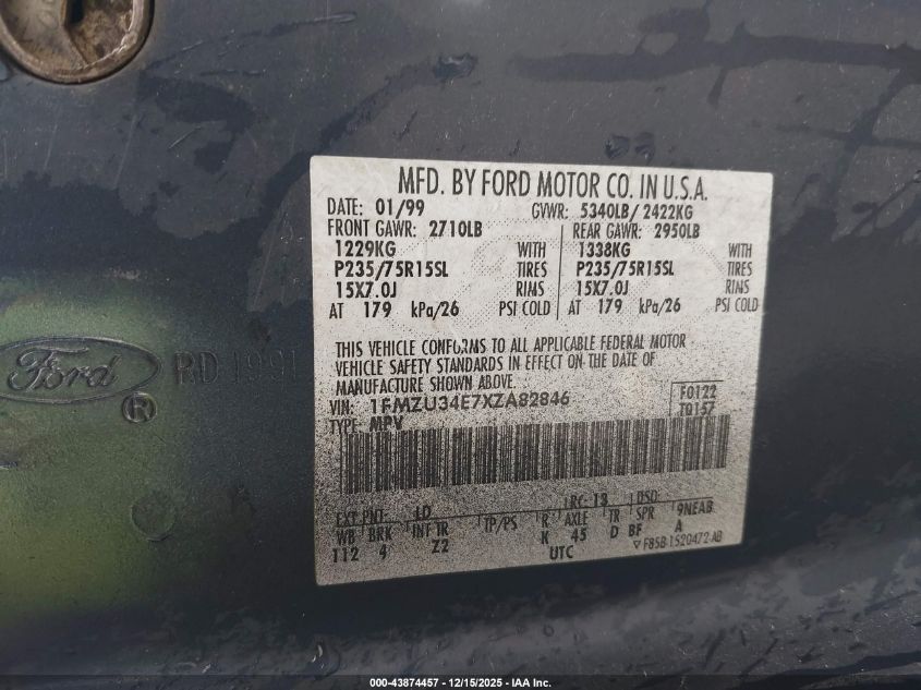 1999 Ford Explorer Eddie Bauer/Limited/Xlt VIN: 1FMZU34E7XZA82846 Lot: 43874457