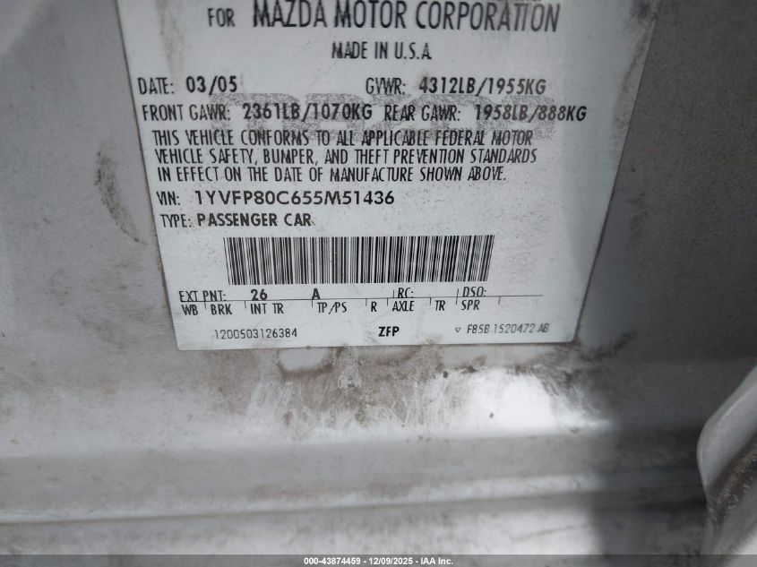 2005 Mazda Mazda6 I Base VIN: 1YVFP80C655M51436 Lot: 43874459