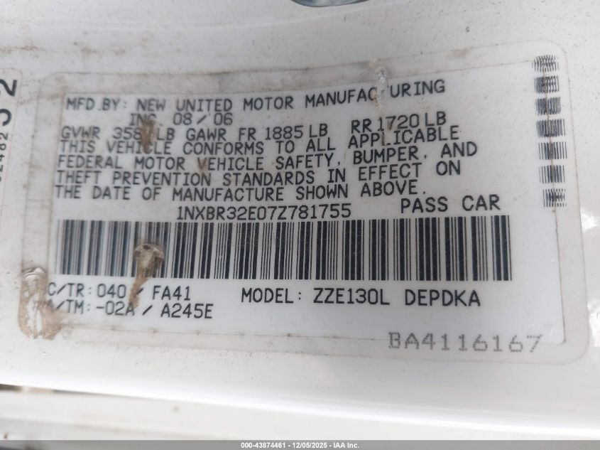 2007 Toyota Corolla Ce VIN: 1NXBR32E07Z781755 Lot: 43874461