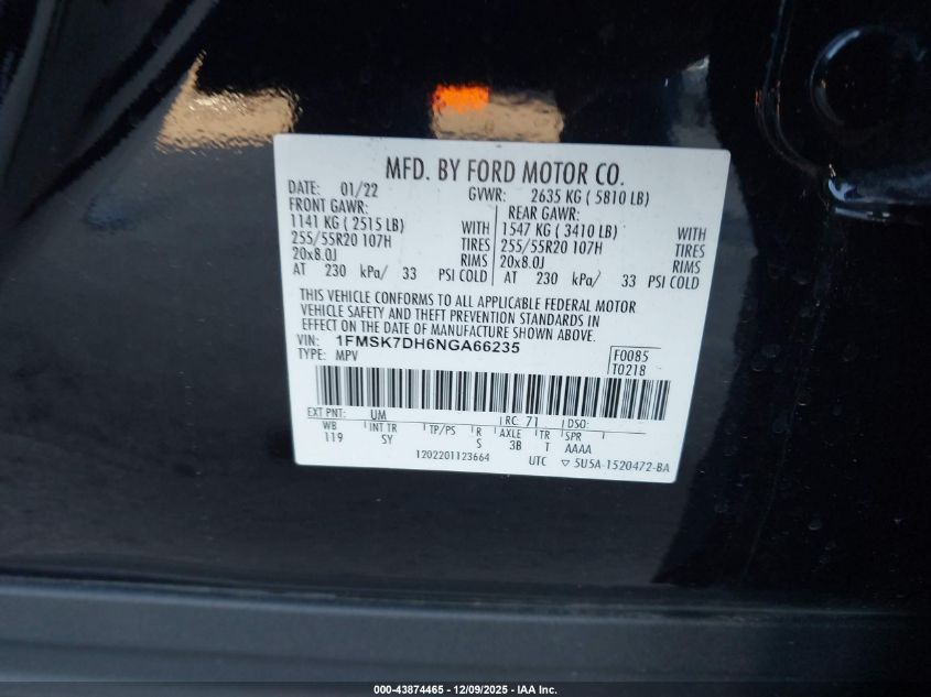 2022 Ford Explorer Xlt VIN: 1FMSK7DH6NGA66235 Lot: 43874465