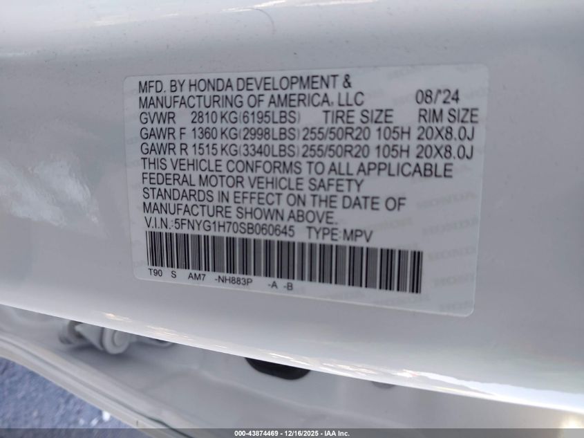 2025 Honda Pilot Touring VIN: 5FNYG1H70SB060645 Lot: 43874469