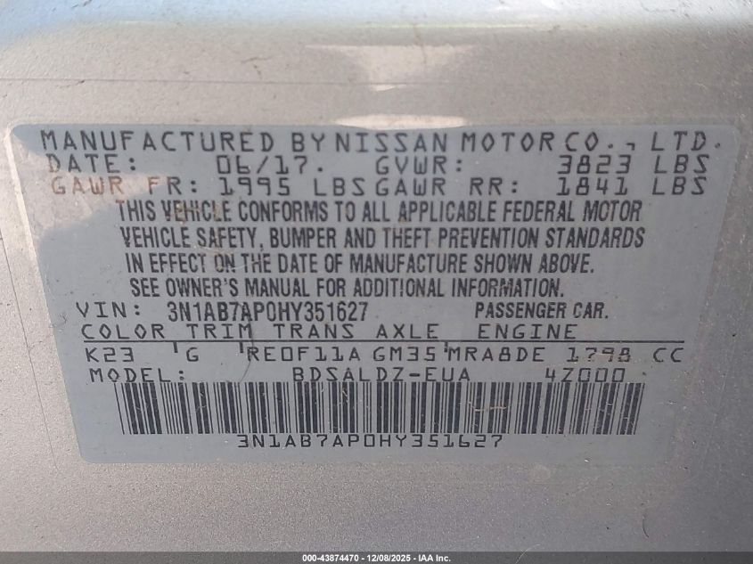 2017 Nissan Sentra Sv VIN: 3N1AB7AP0HY351627 Lot: 43874470