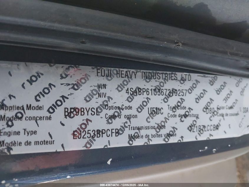 2006 Subaru Outback 2.5I VIN: 4S4BP61C367319257 Lot: 43874474