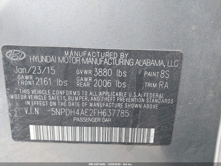 2015 Hyundai Elantra Se VIN: 5NPDH4AE2FH637785 Lot: 43874482