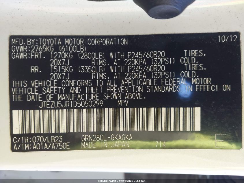 2013 Toyota 4Runner Limited VIN: JTEZU5JR1D5050299 Lot: 43874491