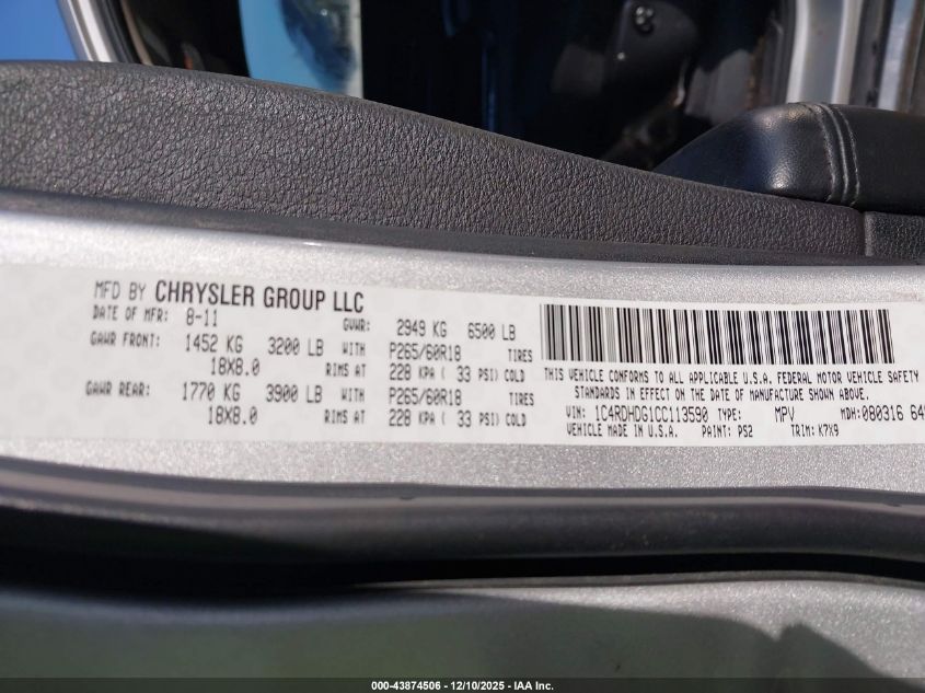 2012 Dodge Durango Crew VIN: 1C4RDHDG1CC113590 Lot: 43874506