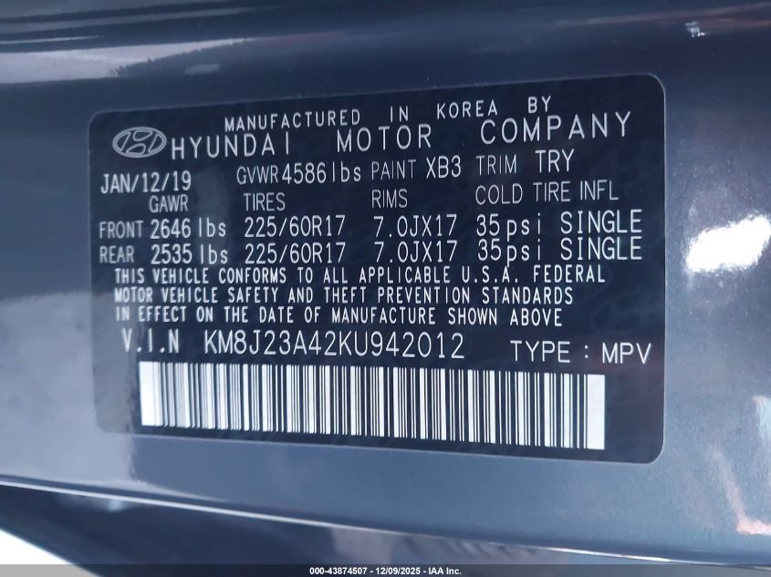 2019 Hyundai Tucson Se VIN: KM8J23A42KU942012 Lot: 43874507