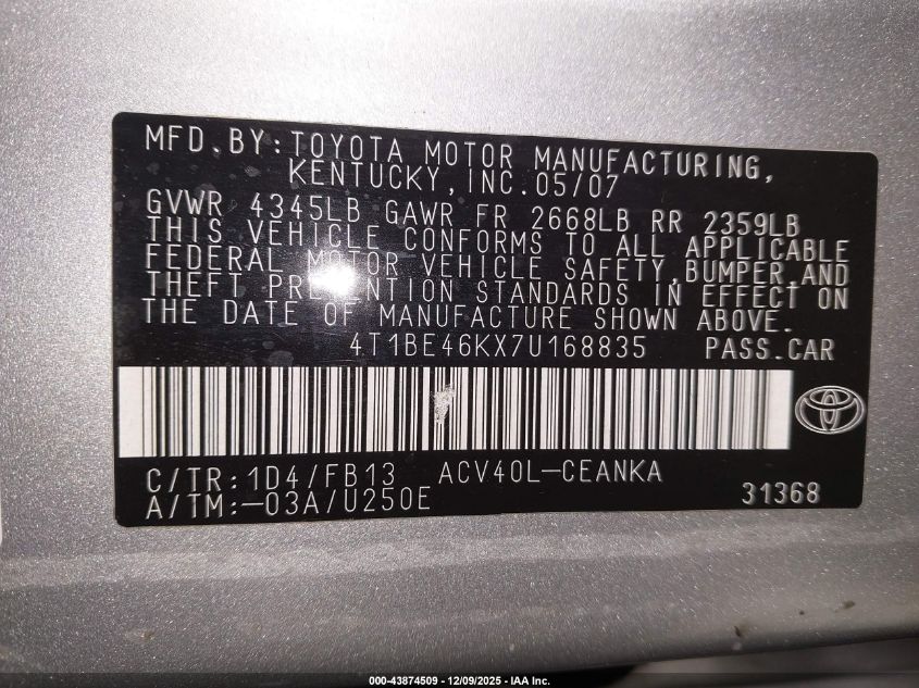 2007 Toyota Camry Le VIN: 4T1BE46KX7U168835 Lot: 43874509