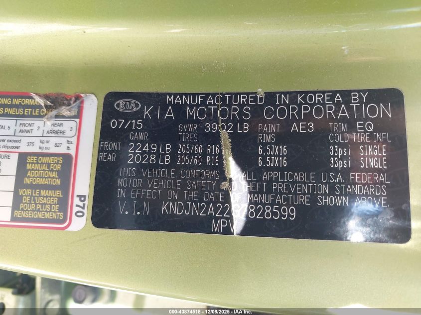 2016 Kia Soul VIN: KNDJN2A22G7828599 Lot: 43874518