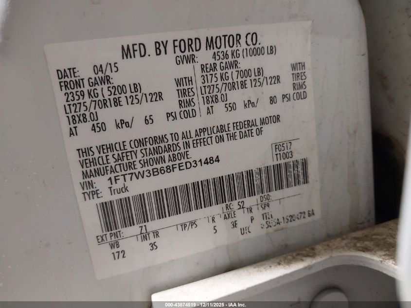 2015 Ford F-350 Xlt VIN: 1FT7W3B68FED31484 Lot: 43874519
