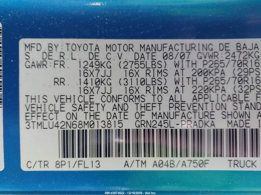2008 Toyota Tacoma Base V6 VIN: 3TMLU42N68M013815 Lot: 43874522