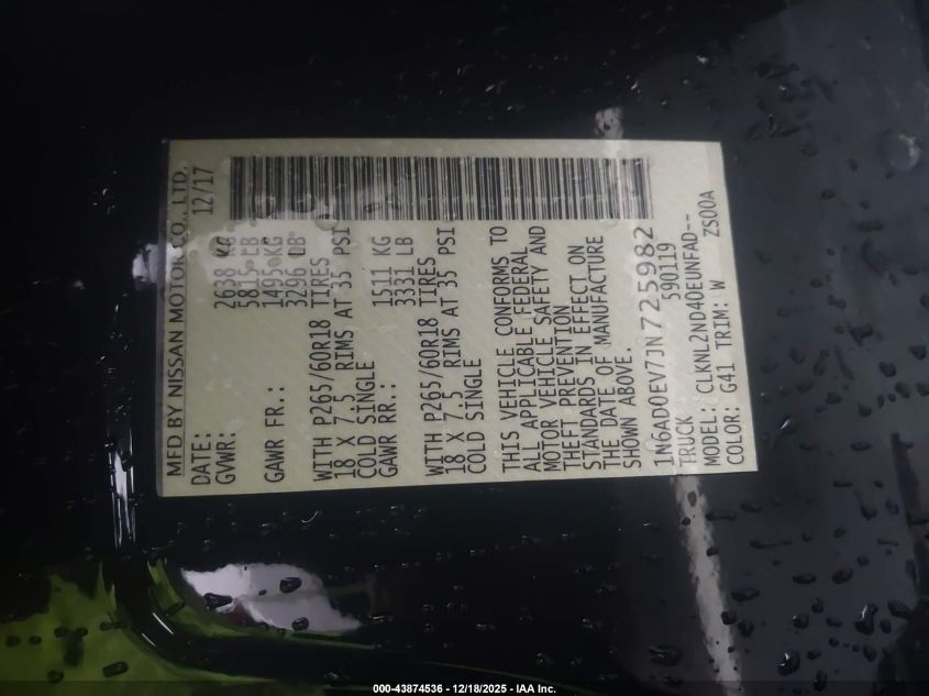 2018 Nissan Frontier Sv VIN: 1N6AD0EV7JN725982 Lot: 43874536