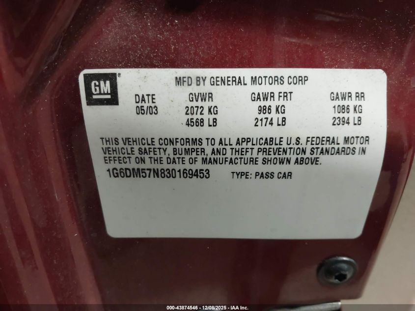 2003 Cadillac Cts Standard VIN: 1G6DM57N830169453 Lot: 43874546