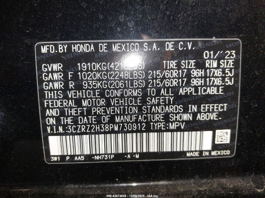 2023 Honda Hr-V Awd Lx VIN: 3CZRZ2H38PM730912 Lot: 43874548