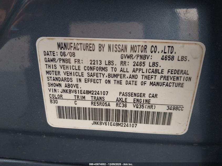 2008 Infiniti G35 Journey VIN: JNKBV61E48M224107 Lot: 43874552