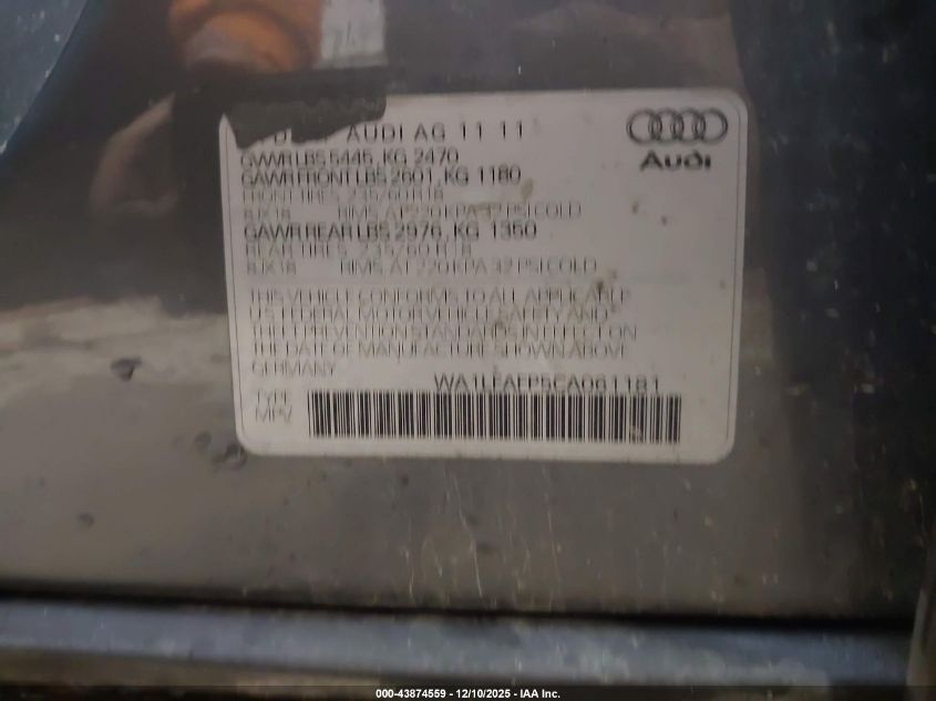 2012 Audi Q5 2.0T Premium VIN: WA1LFAFP5CA061181 Lot: 43874559
