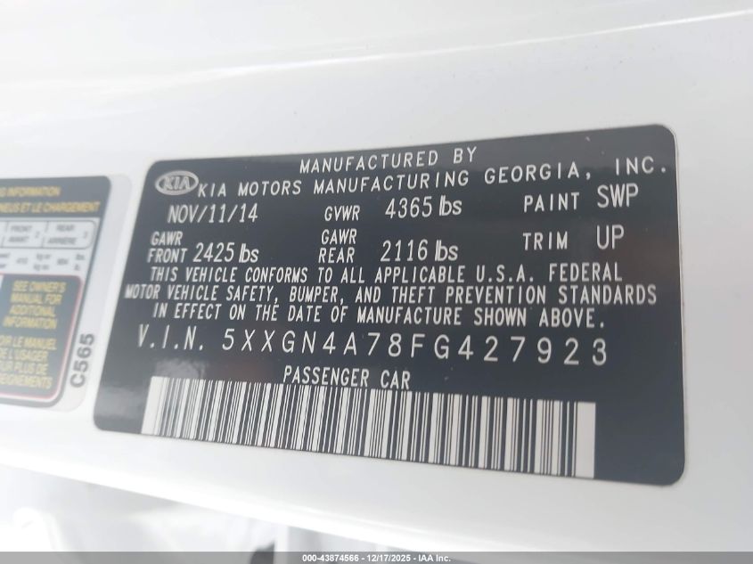 2015 Kia Optima Ex VIN: 5XXGN4A78FG427923 Lot: 43874566