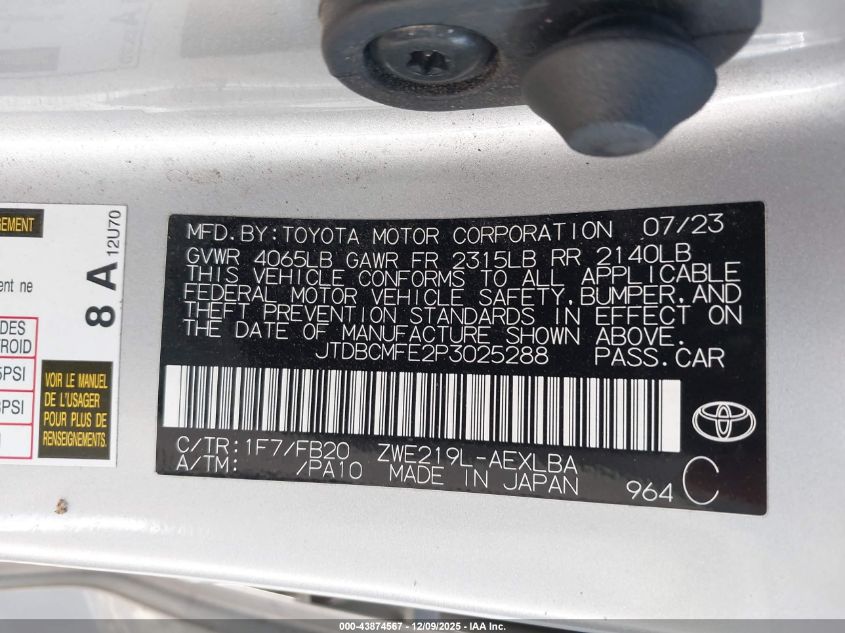 2023 Toyota Corolla Hybrid Le VIN: JTDBCMFE2P3025288 Lot: 43874567