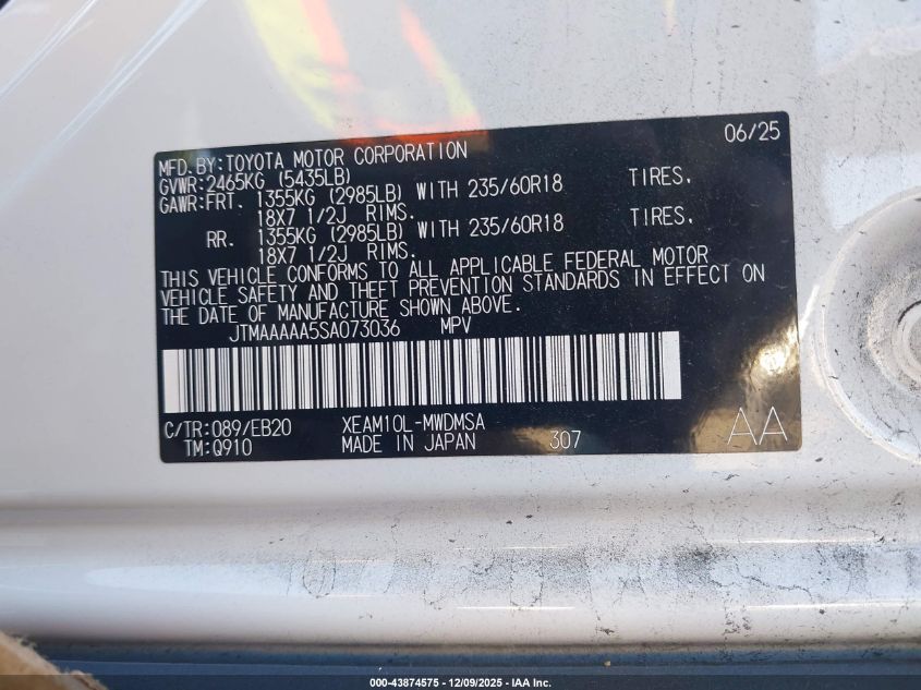 2025 Toyota Bz4X Xle VIN: JTMAAAAA5SA073036 Lot: 43874575