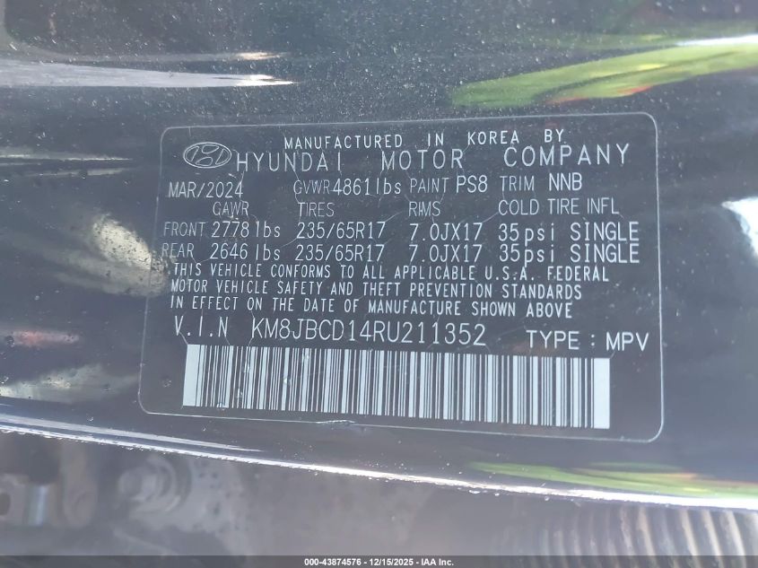 2024 Hyundai Tucson Hybrid Blue VIN: KM8JBCD14RU211352 Lot: 43874576