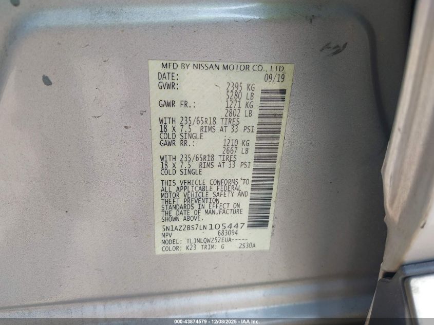 2020 Nissan Murano Sv Intelligent Awd VIN: 5N1AZ2BS7LN105447 Lot: 43874579