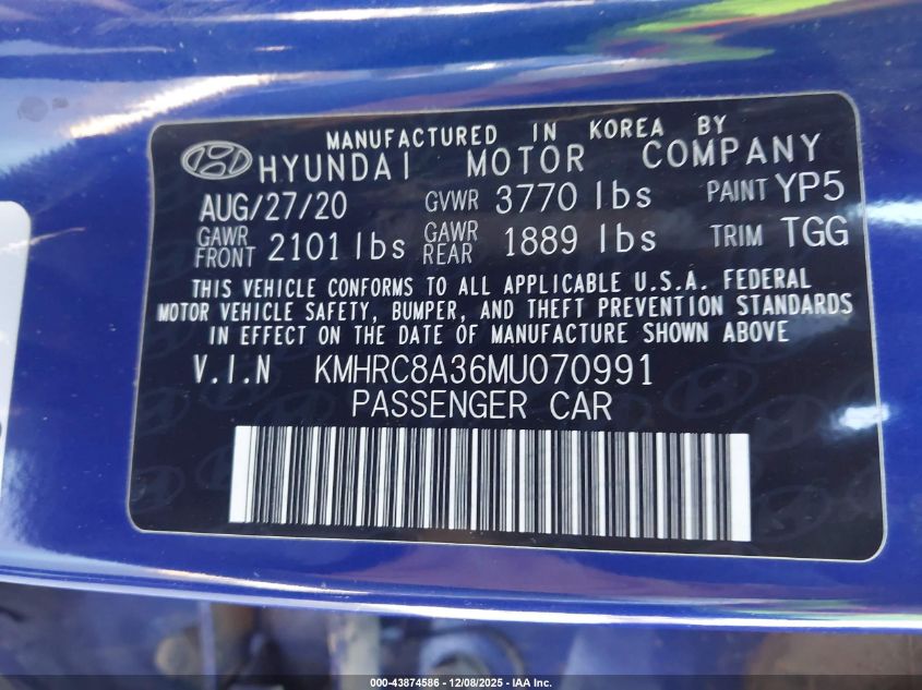 2021 Hyundai Venue Sel VIN: KMHRC8A36MU070991 Lot: 43874586