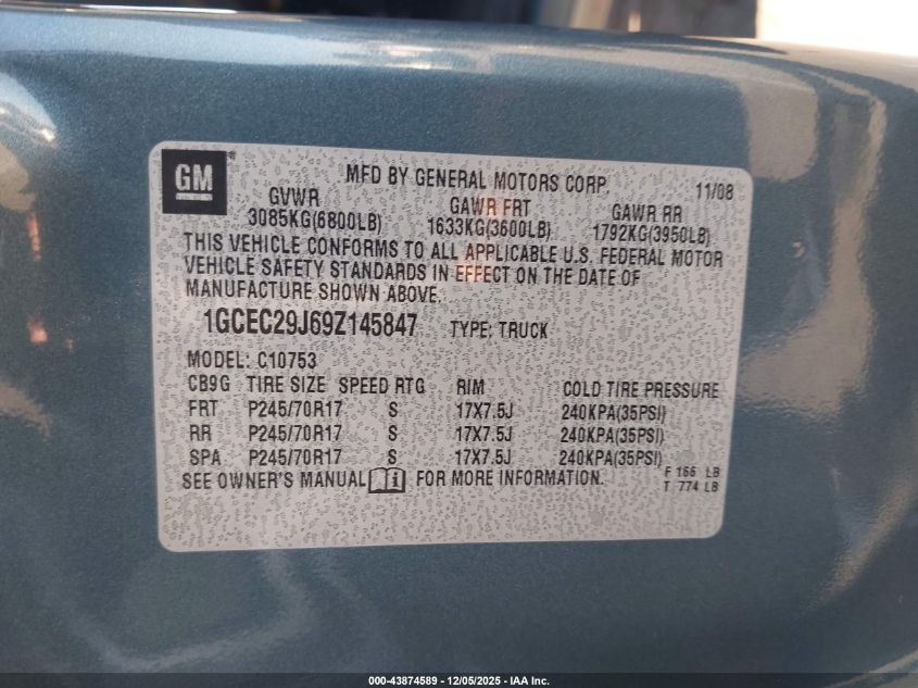2009 Chevrolet Silverado 1500 Lt VIN: 1GCEC29J69Z145847 Lot: 43874589
