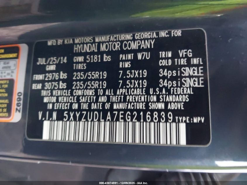 2014 Hyundai Santa Fe Sport 2.0L Turbo VIN: 5XYZUDLA7EG216839 Lot: 43874591