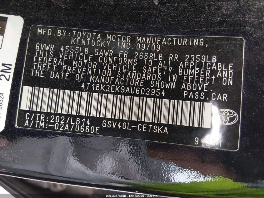 2010 Toyota Camry Se V6 VIN: 4T1BK3EK9AU603954 Lot: 43874608