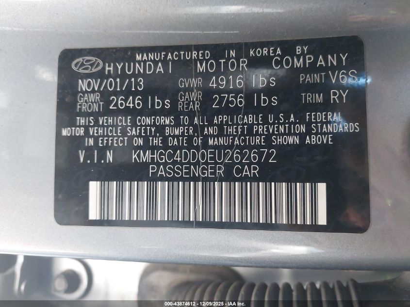 2014 Hyundai Genesis 3.8 VIN: KMHGC4DD0EU262672 Lot: 43874612