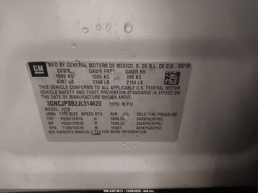 2018 Chevrolet Trax Lt VIN: 3GNCJPSB2JL314620 Lot: 43874613