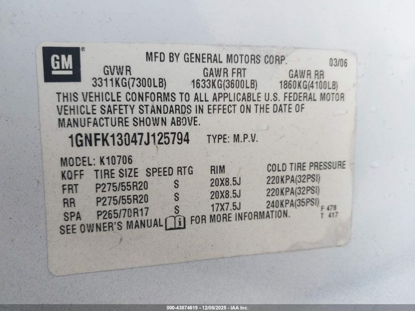 2007 Chevrolet Tahoe Ltz VIN: 1GNFK13047J125794 Lot: 43874619
