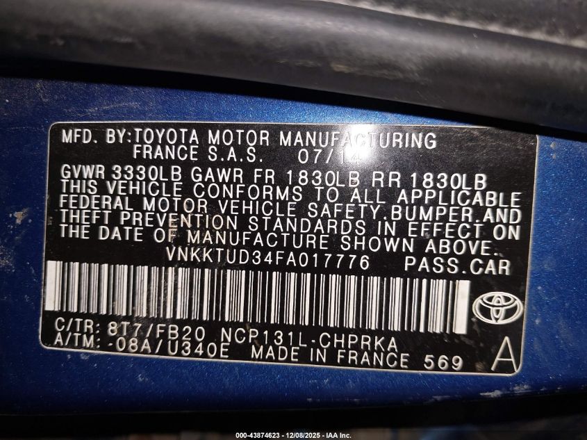 2015 Toyota Yaris Le VIN: VNKKTUD34FA017776 Lot: 43874623