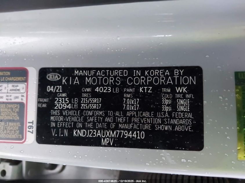 2021 Kia Soul S VIN: KNDJ23AUXM7794410 Lot: 43874625