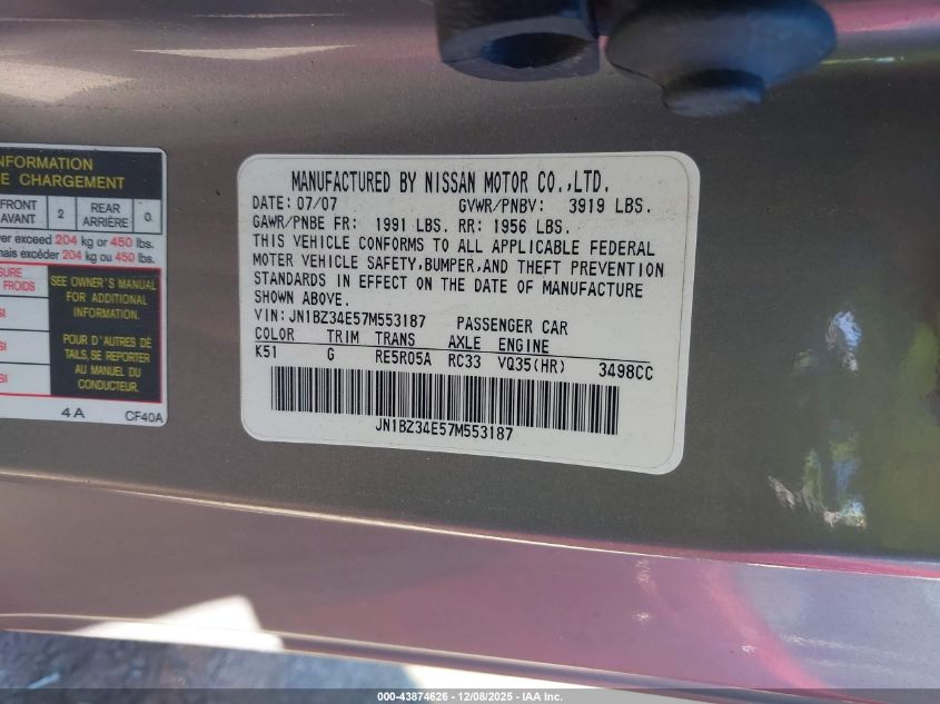 2007 Nissan 350Z Touring VIN: JN1BZ34E57M553187 Lot: 43874626
