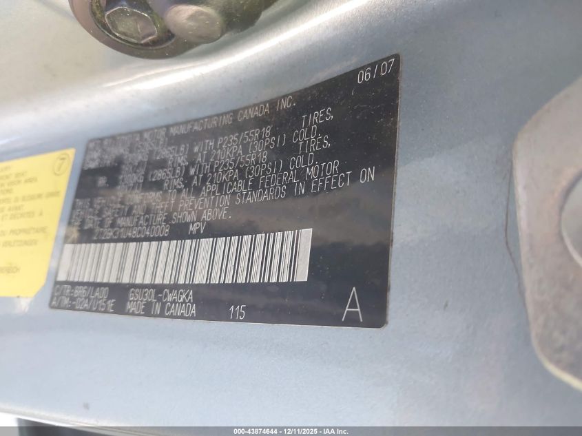 2008 Lexus Rx 350 VIN: 2T2GK31U48C040008 Lot: 43874644