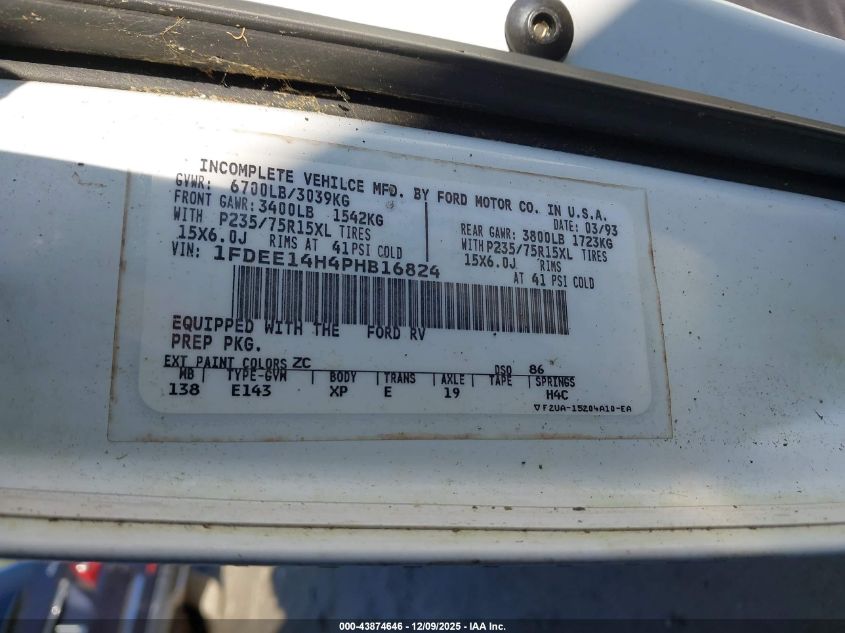 1993 Ford Econoline E150 Van VIN: 1FDEE14H4PHB16824 Lot: 43874646