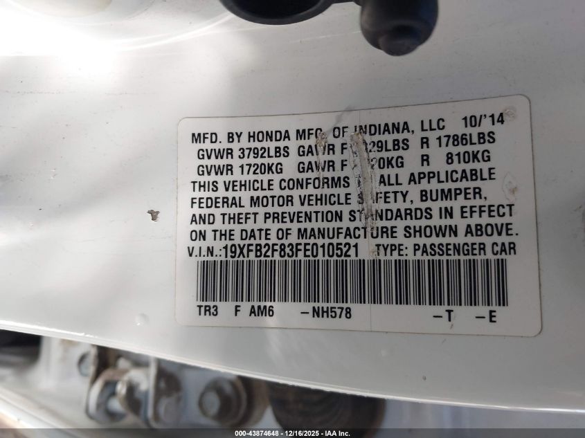 2015 Honda Civic Ex VIN: 19XFB2F83FE010521 Lot: 43874648